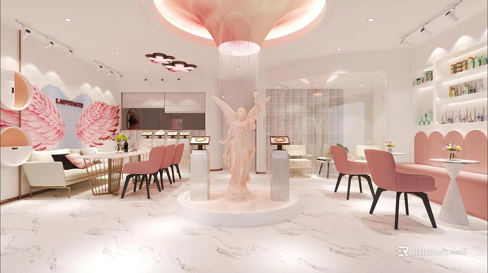 Modern Beauty Salon Interior With Marble Floor Pink Chairs Angel Statue And Chandelier 3d model 