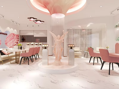 Modern Beauty Salon Interior With Marble Floor Pink Chairs Angel Statue And Chandelier 3d model