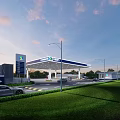 Gas Station Night View Design With Canopy Trees Road And Vehicles