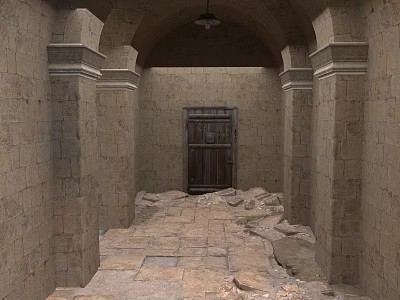 Traditional European Architecture With Arched Doorway Stone Walls Wooden Door And Stone Paved Floor 3d model