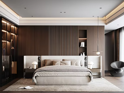 Modern Bedroom Interior With Dark Wooden Walls Built-in Storage Beige Bedding And Round Armchair 3d model