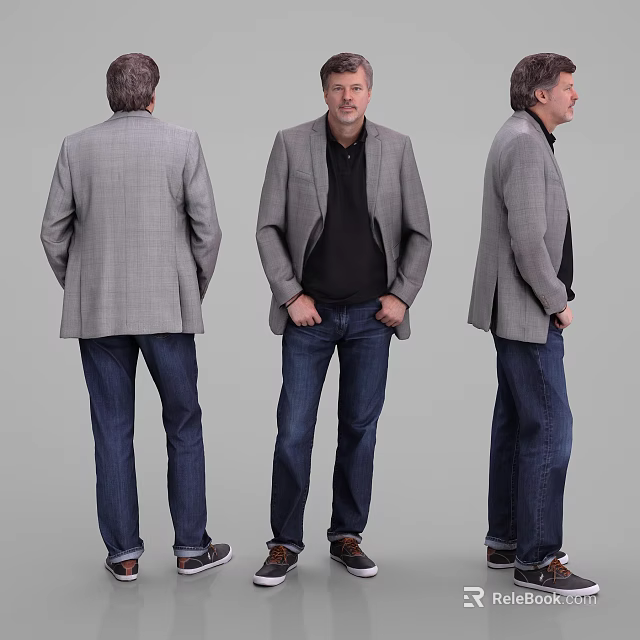 Man in Gray Blazer Black Shirt and Blue Jeans Posed in Three Different Views 3d model 