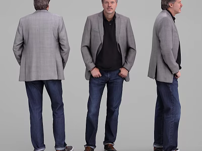 Man in Gray Blazer Black Shirt and Blue Jeans Posed in Three Different Views 3d model