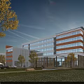 Modern Office Building With Glass Curtain Wall And Landscaped Garden Surroundings