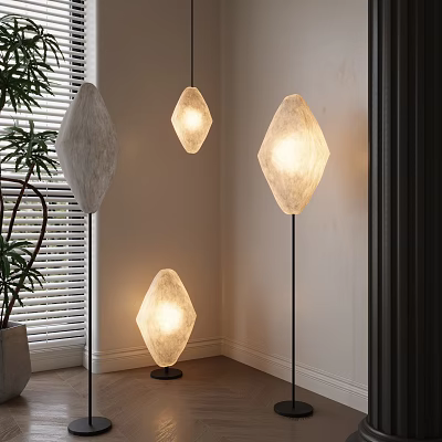 Stylish Diamond Shaped Floor Lamp with Warm Glow in Modern Indoor Living Space 3d model