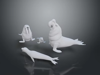 White Walrus And Seal Models Decorative Figurines In Multiple Sizes On Dark Background 3d model