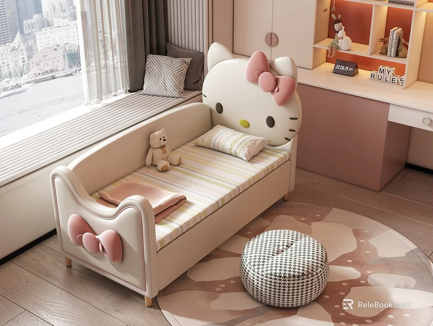 Hello Kitty Kids Bed with Pink Bows Striped Sheet and Stuffed Bear in Bedroom 3d model 