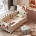Hello Kitty Kids Bed with Pink Bows Striped Sheet and Stuffed Bear in Bedroom