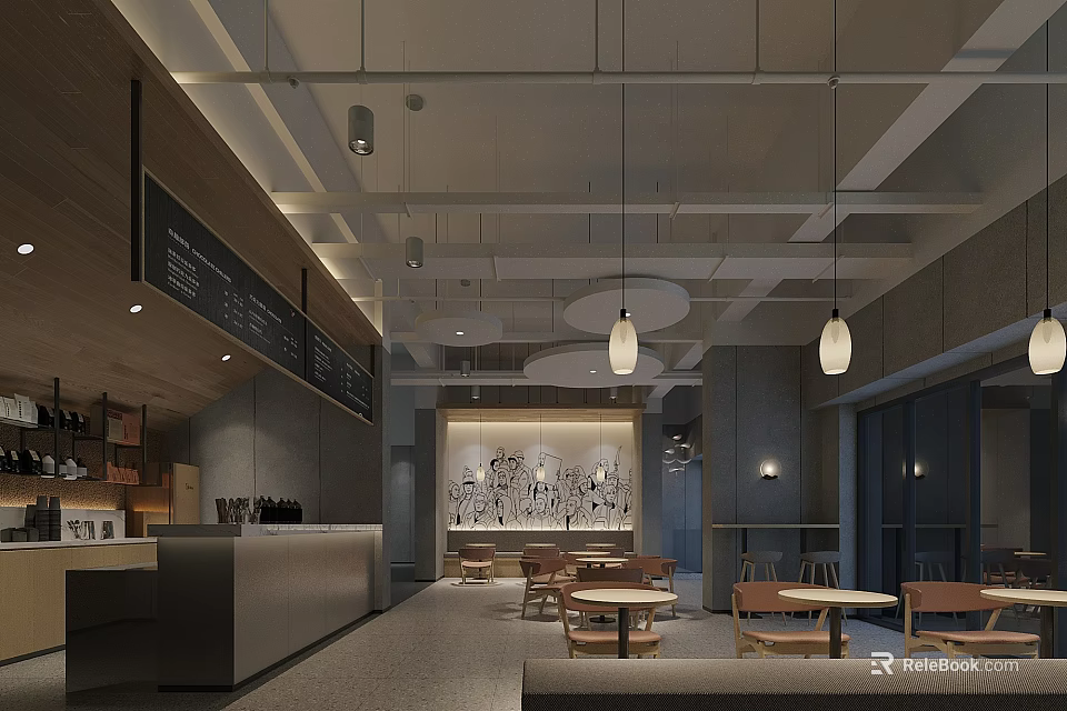 Modern Café Interior With Pendant Lights Wooden Tables And Wall Art Decor 3d model 