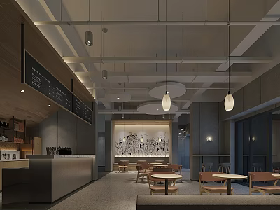 Modern Café Interior With Pendant Lights Wooden Tables And Wall Art Decor 3d model