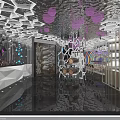 Modern Bar Interior with Neon Lights Colorful Lighting Mirrored Ceiling Bar Counter and Seats