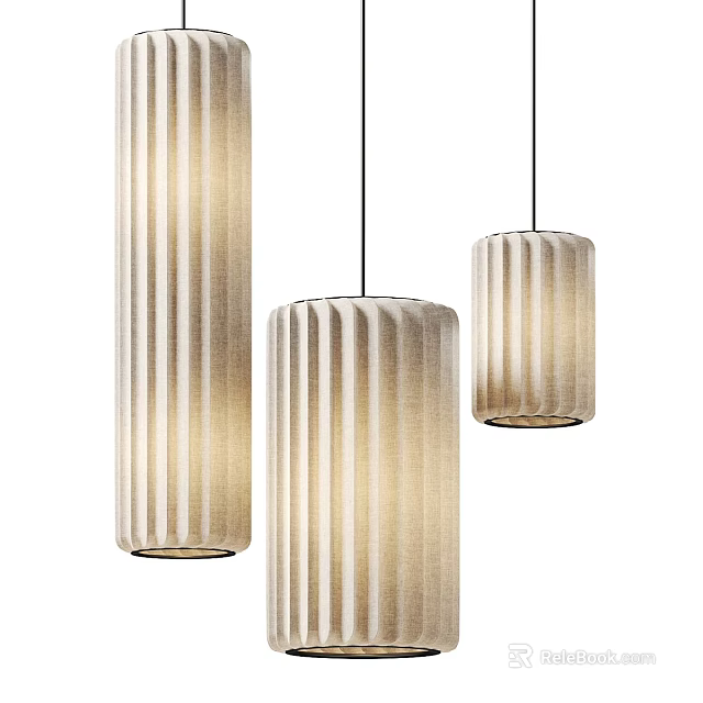 Three Cylindrical Striped Linen Fabric Pendant Lights With Warm Glow Design 3d model 