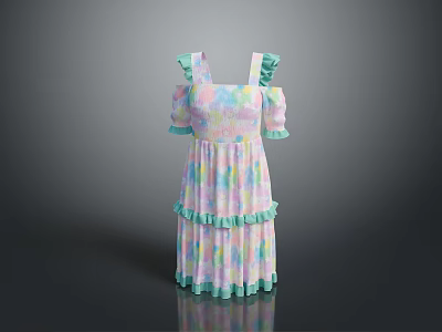 Pastel Tie Dye Off Shoulder Dress With Ruffle Sleeves And Layered Hem 3d model