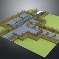 Cartoon Scene with Buildings Roads Trees and Green Lawn Layout Model Design
