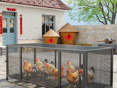 Sturdy Metal Wire Pet Cage Housing Chickens In Traditional Courtyard With Stone Wall 3d model