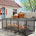 Sturdy Metal Wire Pet Cage Housing Chickens In Traditional Courtyard With Stone Wall