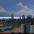 Large Industrial Plant With Multiple Chimneys Metal Pipes And Factory Buildings Under Blue Sky