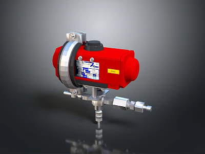 Detailed View of Red Industrial Mechanical Device with Silver Metal Components Label and Connecting Pipes 3d model