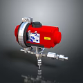 Detailed View of Red Industrial Mechanical Device with Silver Metal Components Label and Connecting Pipes
