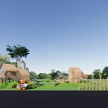 Garden Features In Children's Play Area With Wooden Structures Slide Trees And Green Lawn