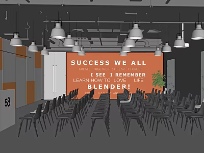 Modern Conference Room With Large Inspirational Success Screen Rows Of Chairs And Ceiling Lights 3d model
