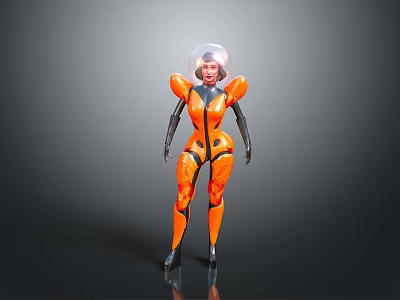 Futuristic Character In Orange And Black Tech Costume With Transparent Helmet 3d model