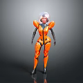 Futuristic Character In Orange And Black Tech Costume With Transparent Helmet