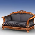 Classic Style Black Leather Sofa Set Featuring Carved Wooden Frame Armrests And Quilted Pattern