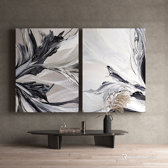 Abstract Painting Diptych Wall Art With Black White Gray Dynamic Brushstrokes On Gray Wall Background 3d model 