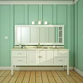Light Green Wall Bathroom Vanity with White Cabinet Mirror and Wooden Floor Window