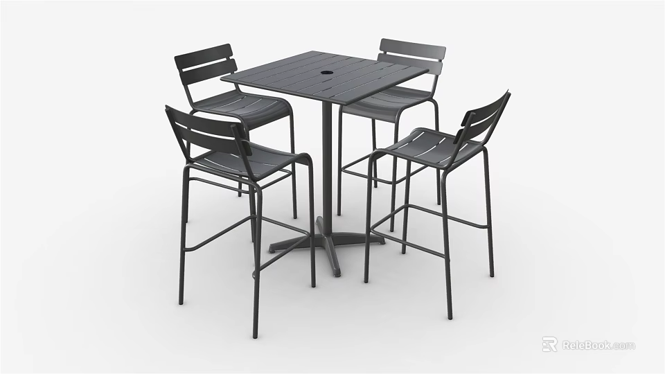 Modern Minimalist Bar Table With Four Black Metal Stools And Square Top Design 3d model 