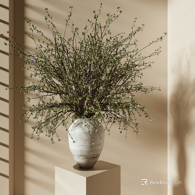 Green Sprouting Branches in White Ceramic Vase on Light Beige Pedestal with Soft Light Shadows 3d model 