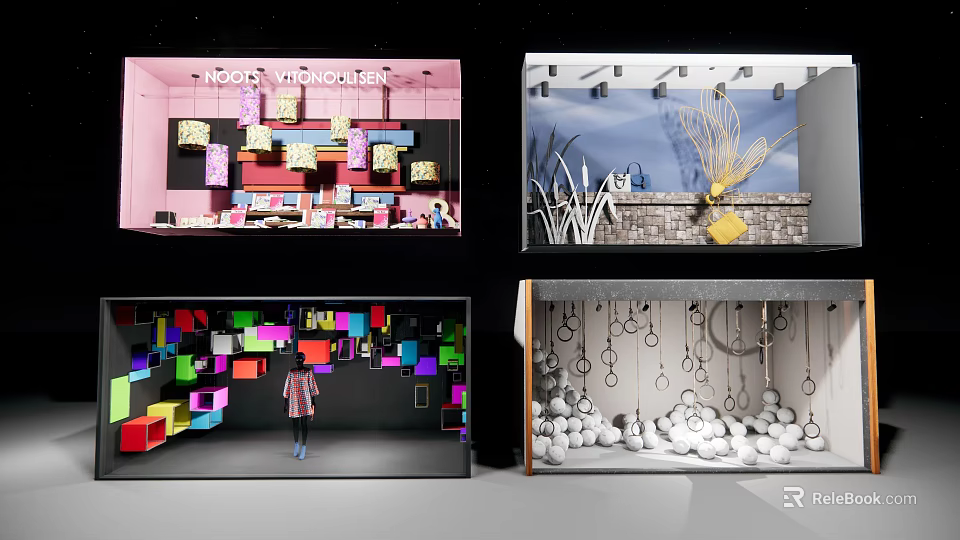 Eye Catching Retail Window Display With Colorful Decorations Mannequin And Hanging Elements 3d model 