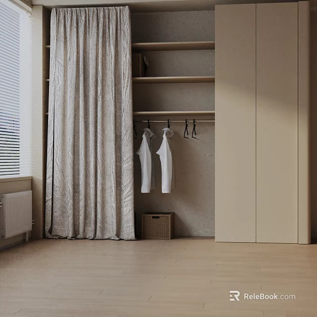Minimalist Wardrobe Interior With Hanging White Clothes Wooden Shelves Linen Curtain And Storage Basket 3d model 