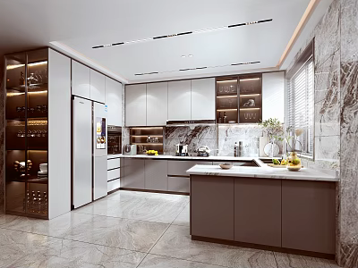 Modern Open Kitchen Interior With Gray Cabinets Marble Countertop And Appliances 3d model
