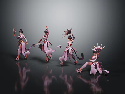 Fox Spirit Female Characters In Pink Traditional Costumes With Various Dance Poses And Flowing Ribbons 3d model