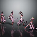 Fox Spirit Female Characters In Pink Traditional Costumes With Various Dance Poses And Flowing Ribbons