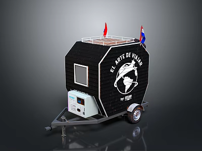Black Mobile Food Truck With Branded Logo Flags On Top And Trailer Wheels 3d model