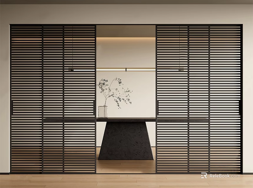 Black Louvered Sliding Doors in Modern Interior with Minimalist Partition and Wooden Floor 3d model 