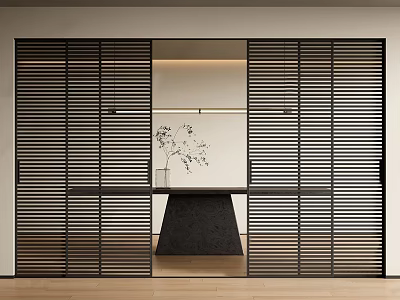 Black Louvered Sliding Doors in Modern Interior with Minimalist Partition and Wooden Floor 3d model