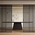 Black Louvered Sliding Doors in Modern Interior with Minimalist Partition and Wooden Floor