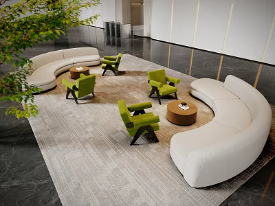 Modern Hotel Public Lounge Area With Curved White Sofa Green Chairs And Coffee Tables 3d model