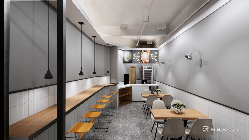 Modern Shopping Mall Cafe Store Interior With Gray Walls Wooden Bar Yellow Stools And Tables 3d model 