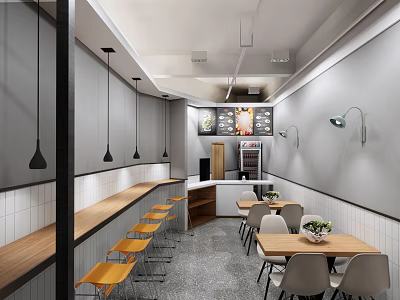 Modern Shopping Mall Cafe Store Interior With Gray Walls Wooden Bar Yellow Stools And Tables 3d model