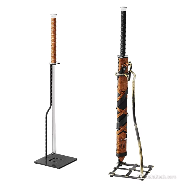 Two Traditional Swords With Long Handle Metal Blade And Black Brown Hilt Sheath 3d model 