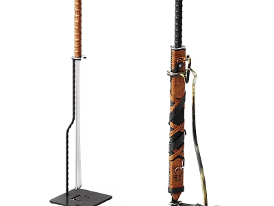 Two Traditional Swords With Long Handle Metal Blade And Black Brown Hilt Sheath 3d model