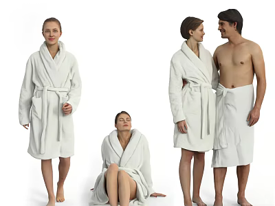 Group of People in Different Poses Wearing White Bathrobes and Towels 3d model
