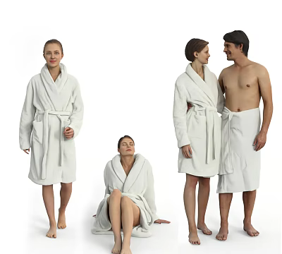 Group of People in Different Poses Wearing White Bathrobes and Towels 3d model