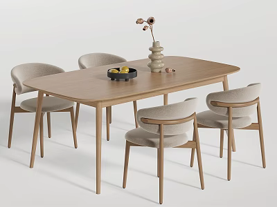 Simple Modern Wooden Dining Table Set with Four Chairs Light Gray Cushions Vase and Fruit Tray 3d model