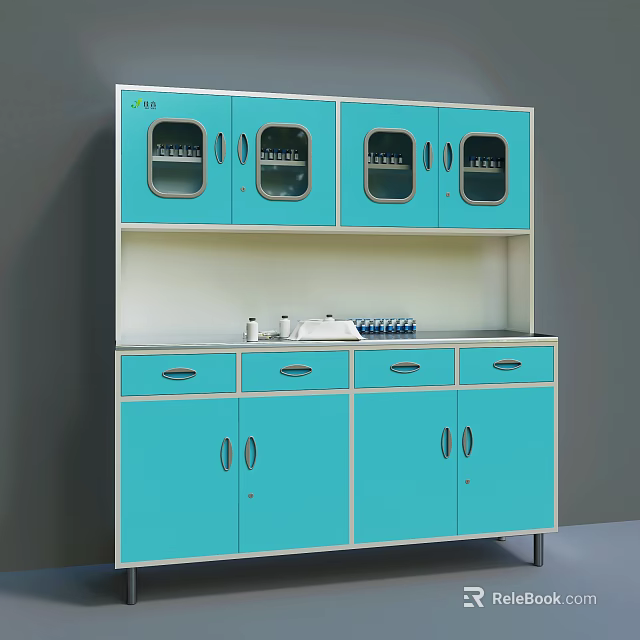 Turquoise Laboratory Storage Cabinet With Glass Doors Upper Cabinets Drawers And Countertop 3d model 